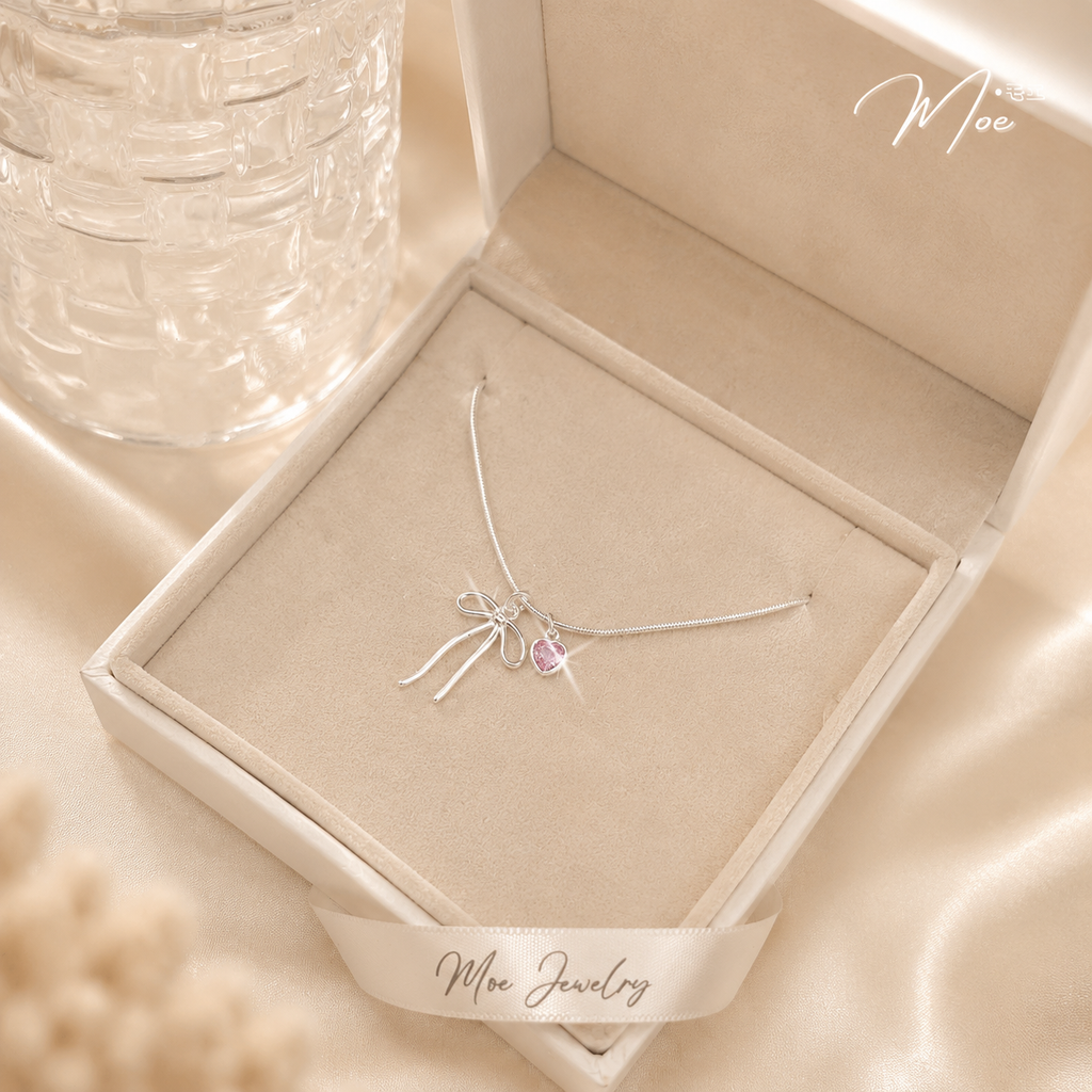 Pink Crystal Bow Heart Necklace – S925 Silver with Pink CZ Crystal