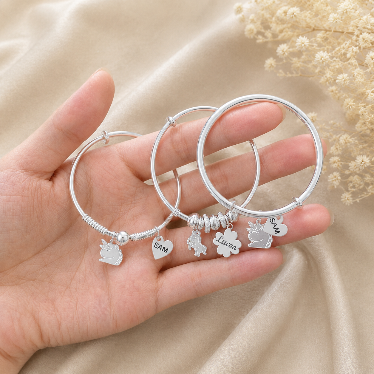 Adjustable Baby Bangle – Bead Detail with Zodiac Charm & Name Tag | S999 Silver
