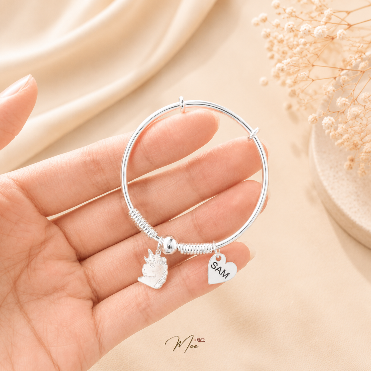 Adjustable Baby Bangle – Bead Detail with Zodiac Charm & Name Tag | S999 Silver