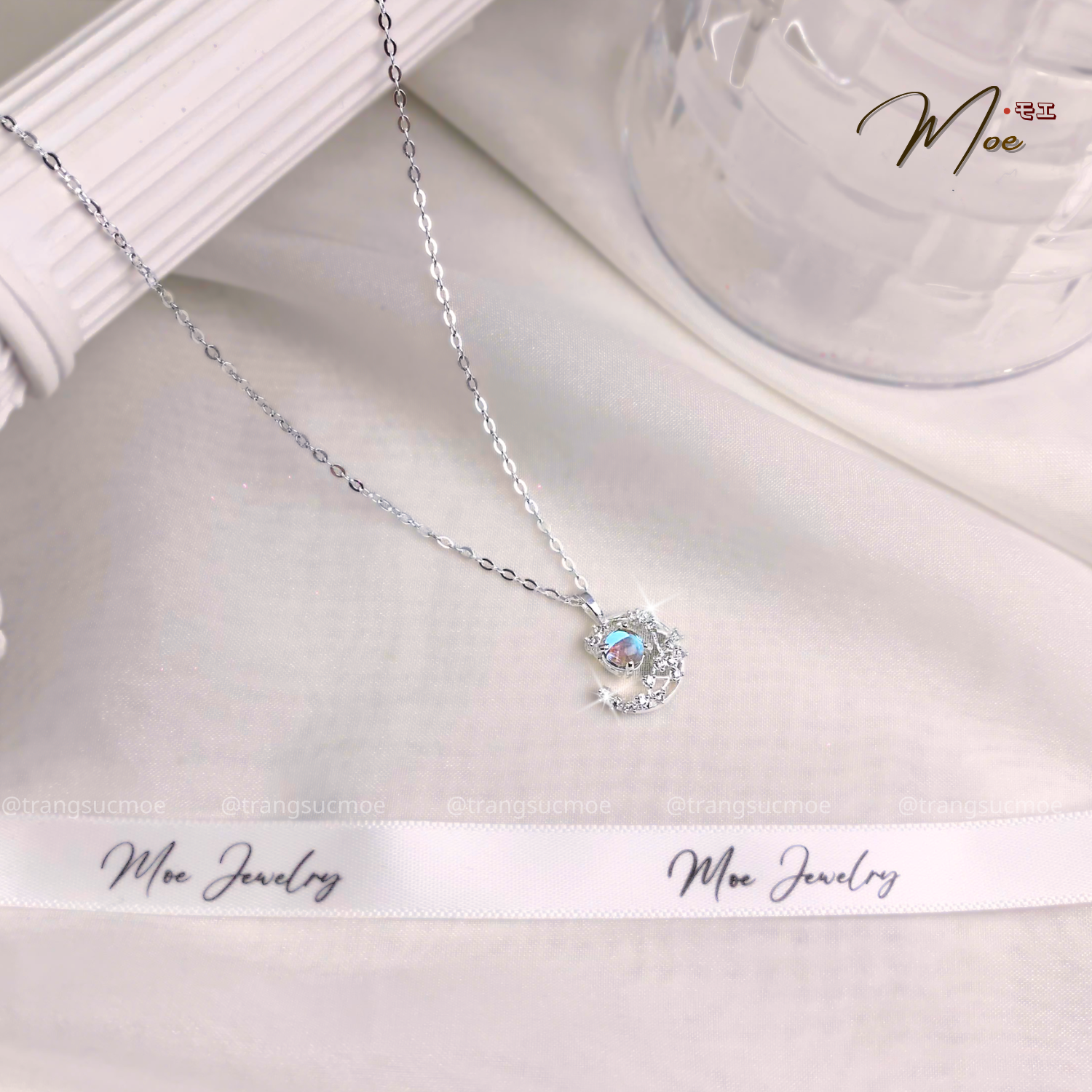 Moonstone Silver Necklace – S925 Silver with CZ Crystal