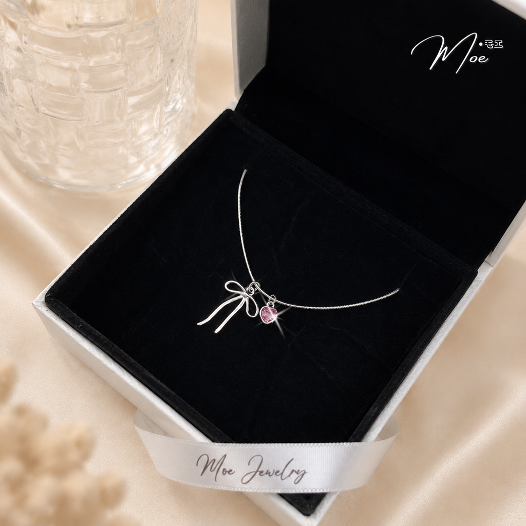 Pink Crystal Bow Heart Necklace – S925 Silver with Pink CZ Crystal