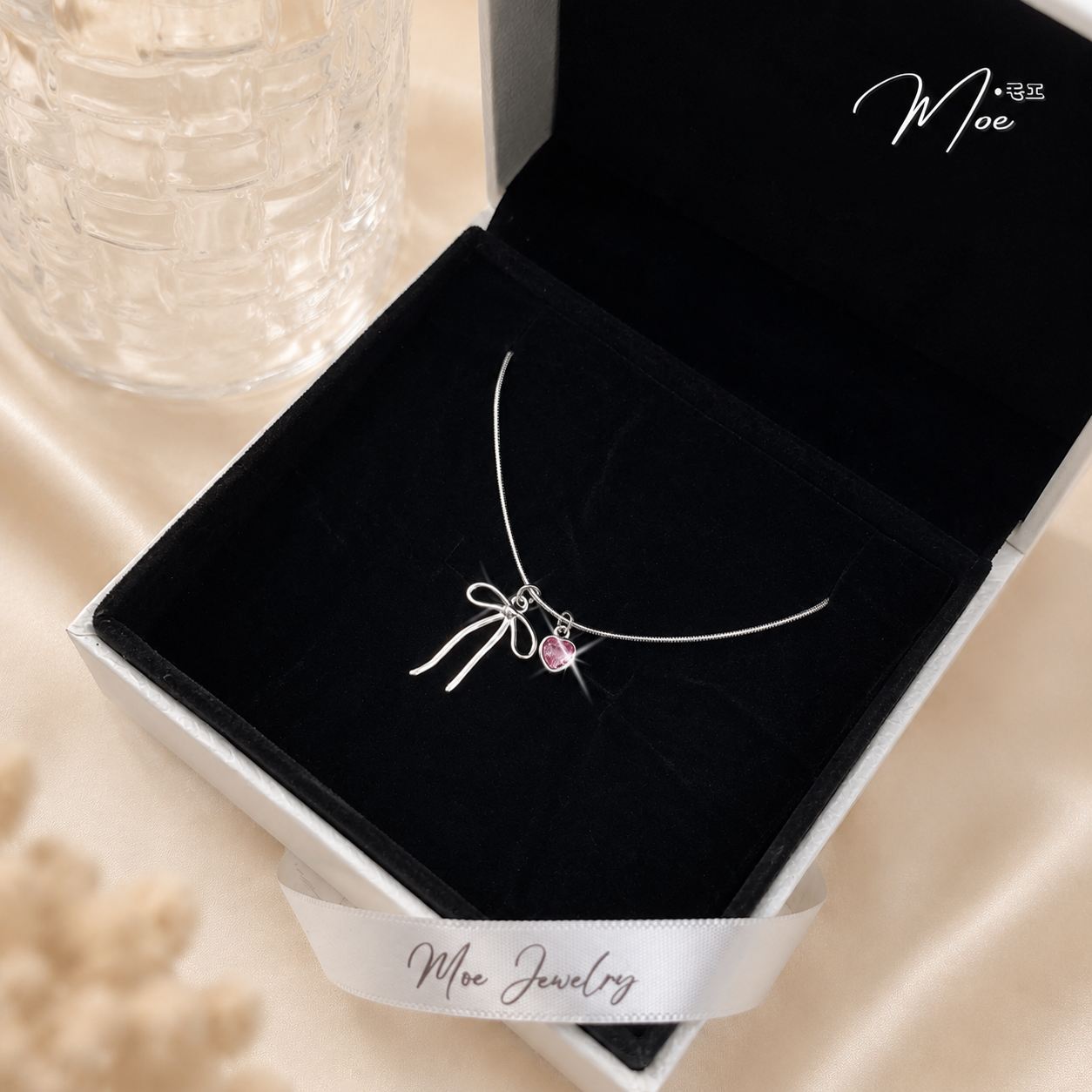 Pink Crystal Bow Heart Necklace – S925 Silver with Pink CZ Crystal