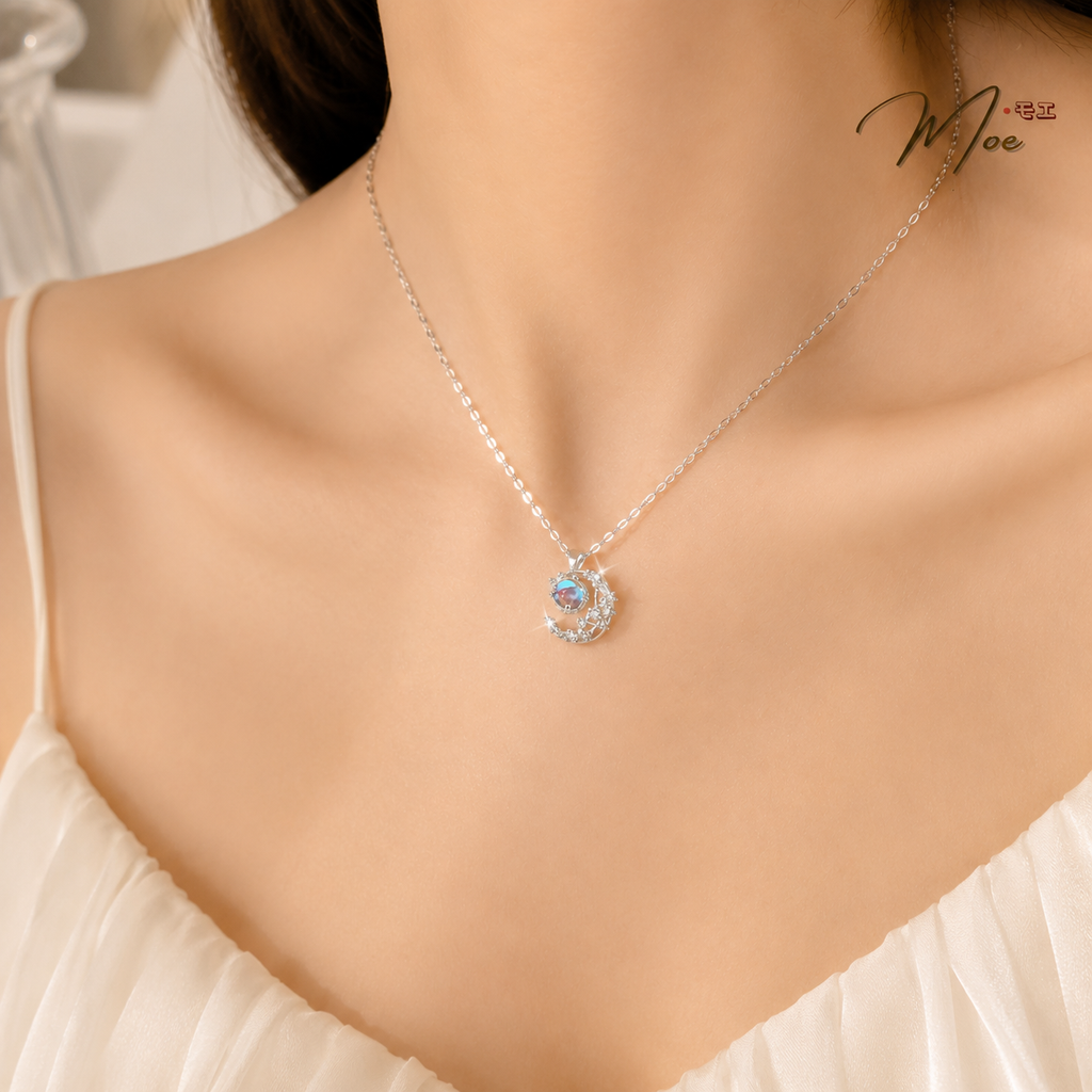Moonstone Silver Necklace – S925 Silver with CZ Crystal
