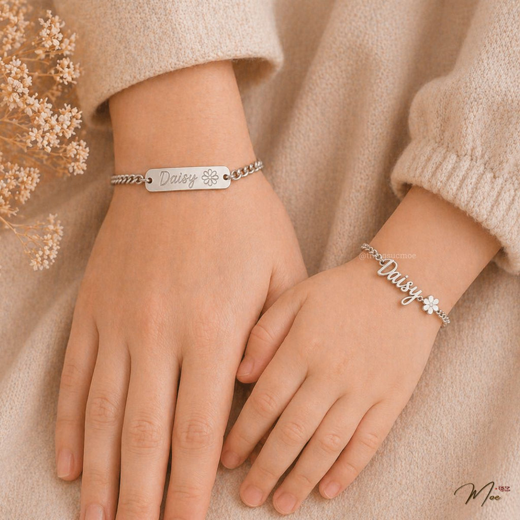 Daisy Engraved Name Bracelet (Custom Engraving) – Mom & Baby Set