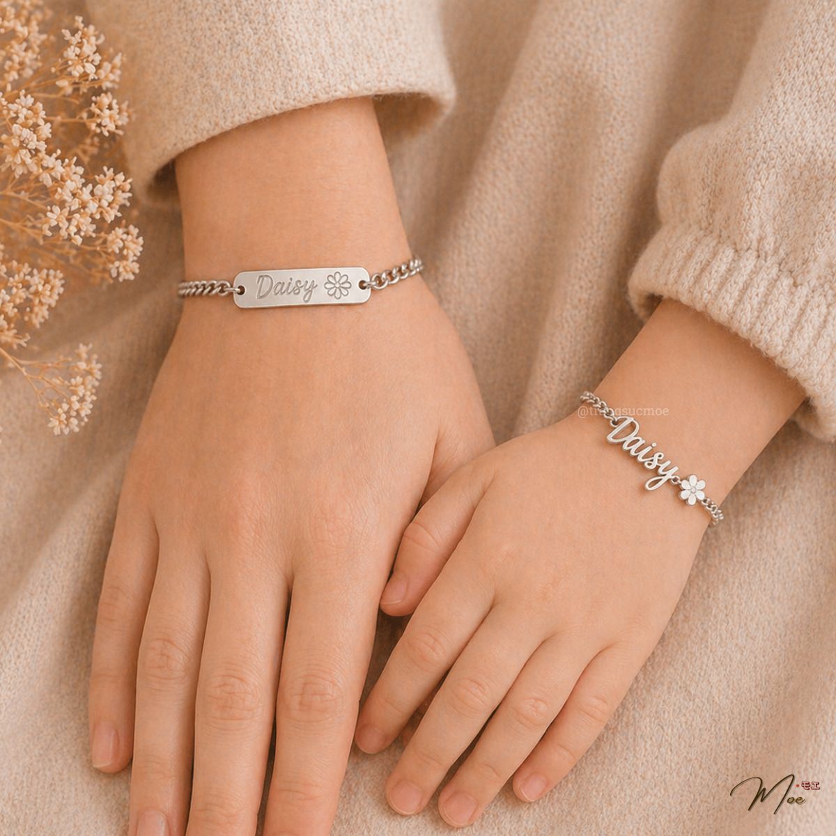 Daisy Engraved Name Bracelet (Custom Engraving) – Mom & Baby Set