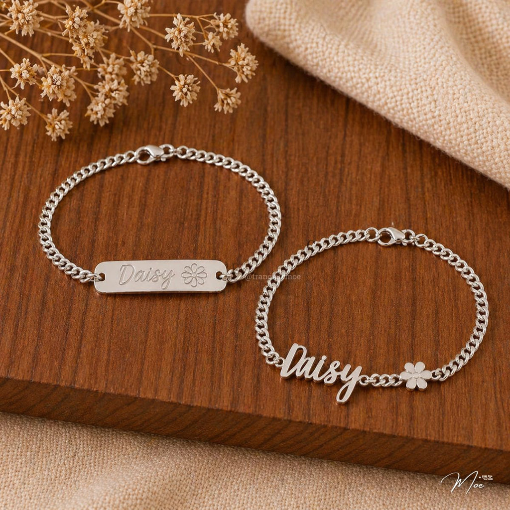 Daisy Engraved Name Bracelet (Custom Engraving) – Mom & Baby Set