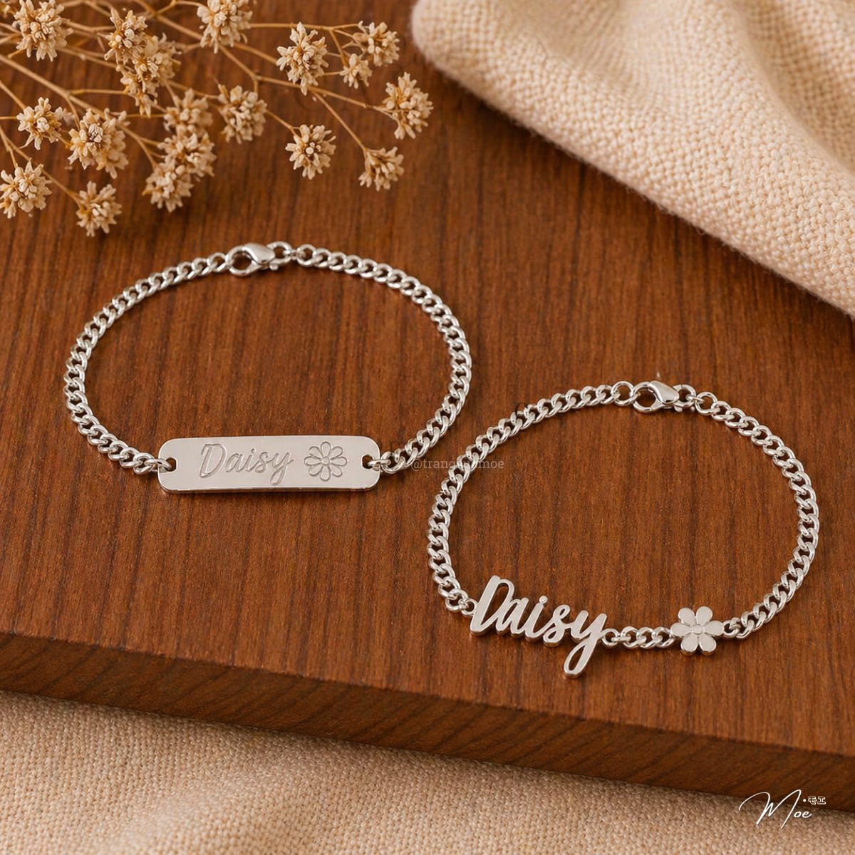 Daisy Engraved Name Bracelet (Custom Engraving) – Mom & Baby Set