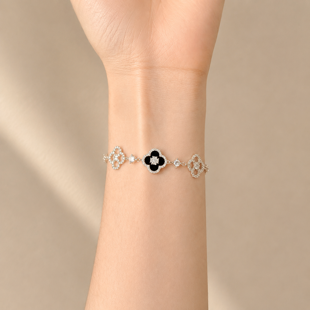 Lucky Four-Leaf Clover Black Stone Bracelet – S925 Silver