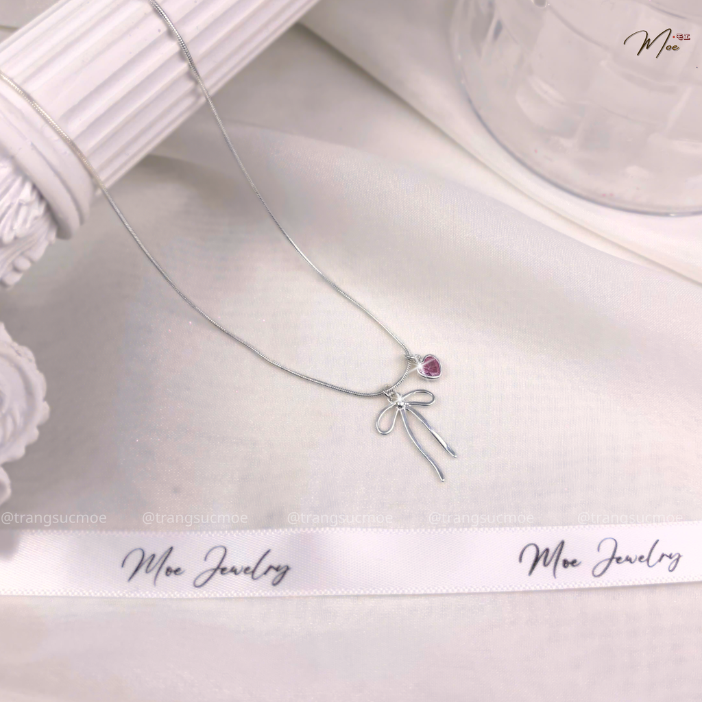 Pink Crystal Bow Heart Necklace – S925 Silver with Pink CZ Crystal