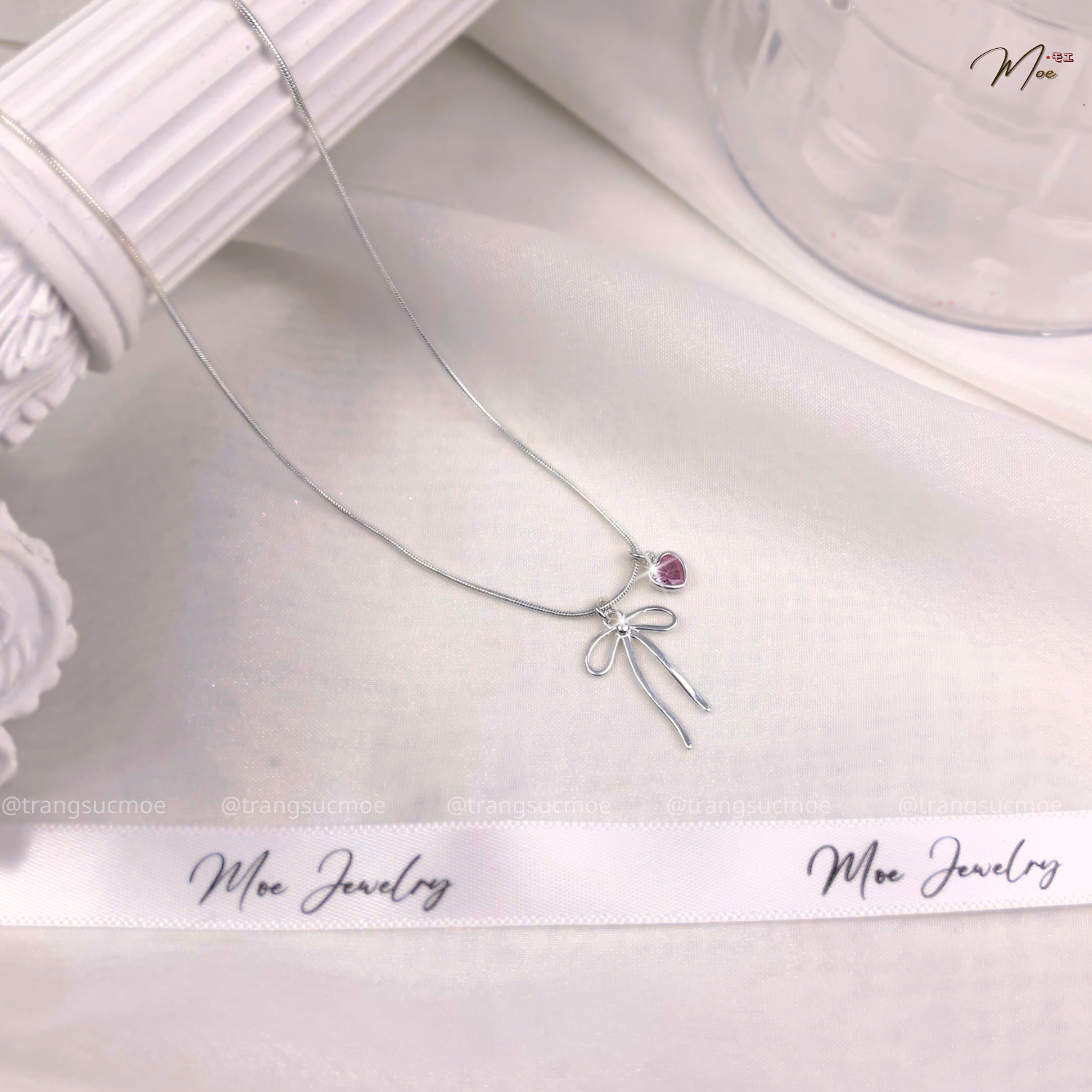 Pink Crystal Bow Heart Necklace – S925 Silver with Pink CZ Crystal