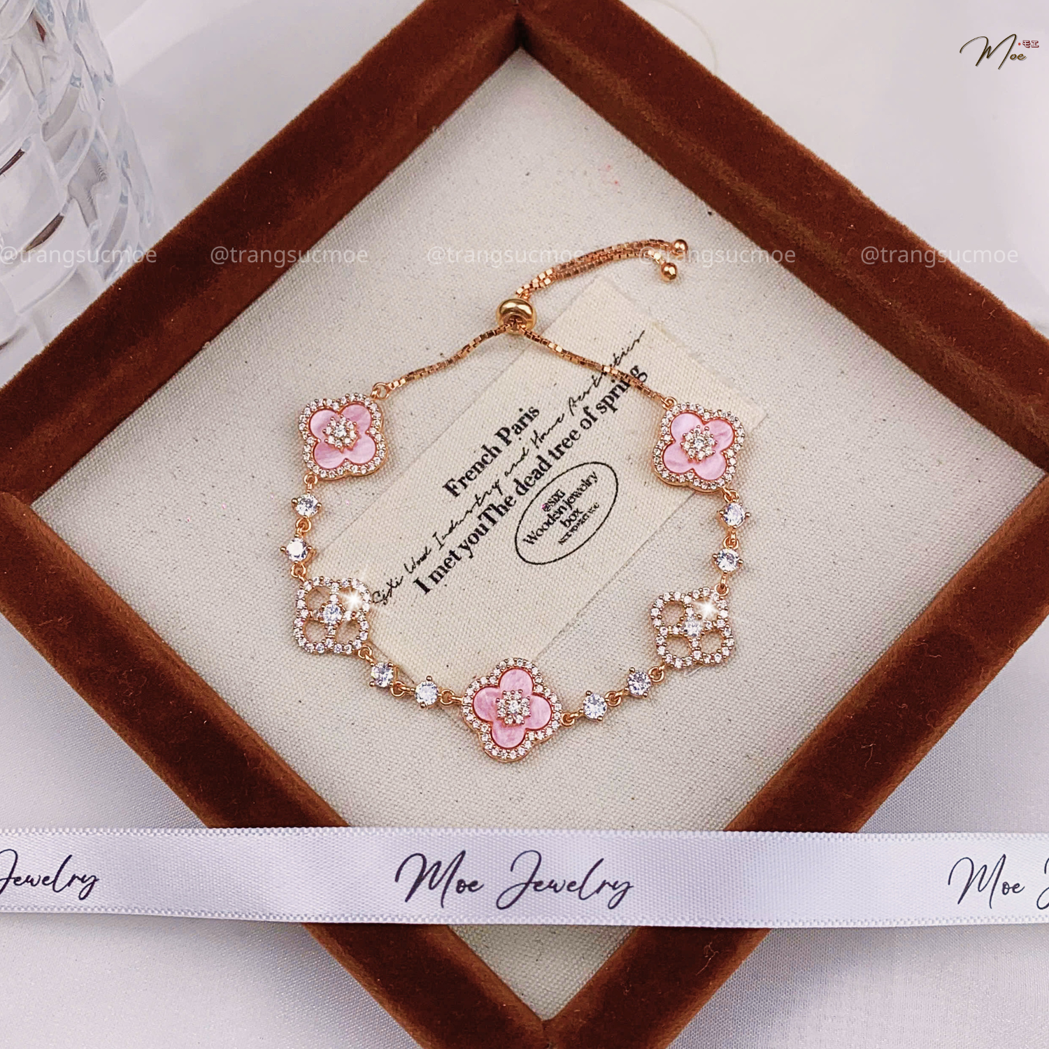 Lucky Four-Leaf Clover Pink Stone Bracelet – S925 Silver