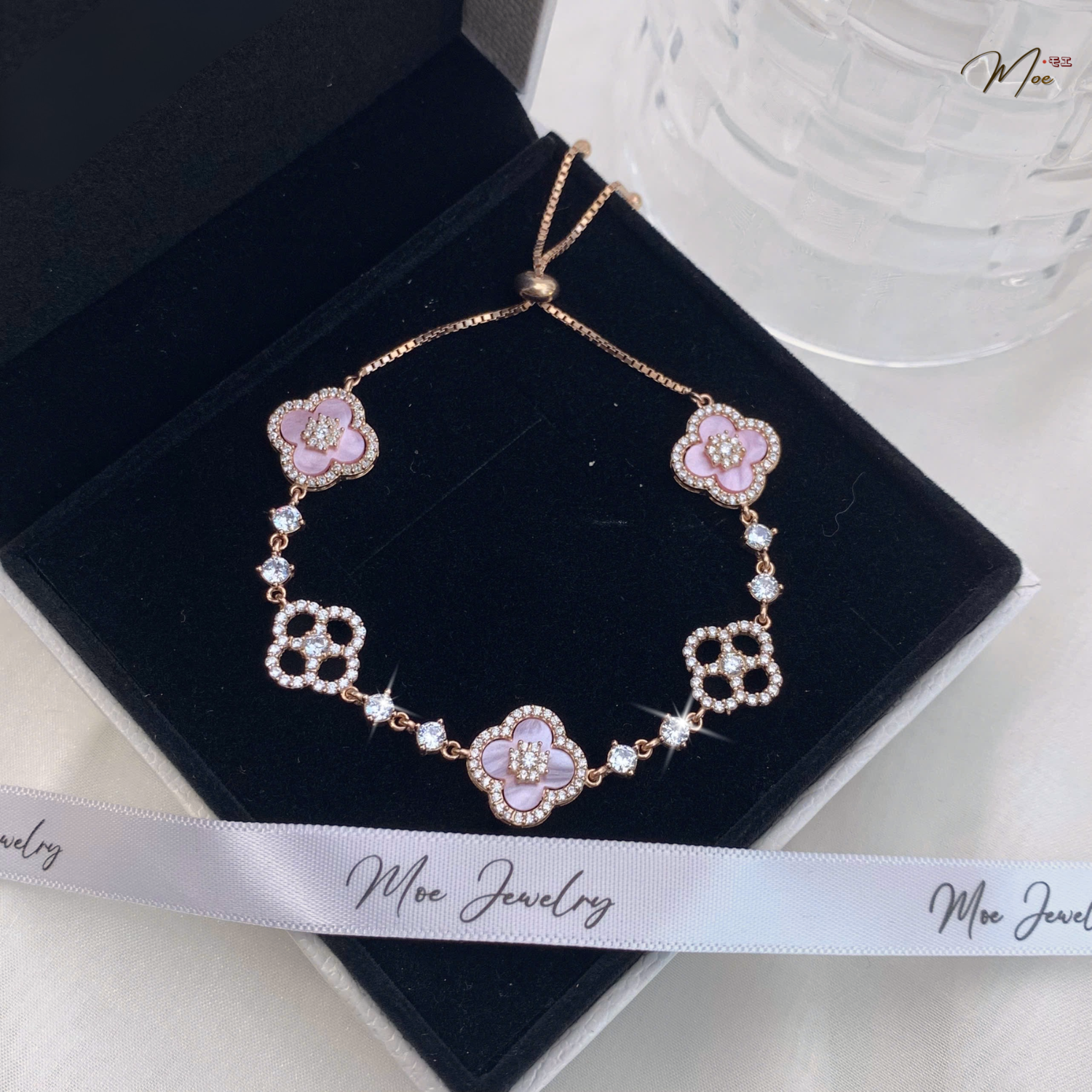 Lucky Four-Leaf Clover Pink Stone Bracelet – S925 Silver