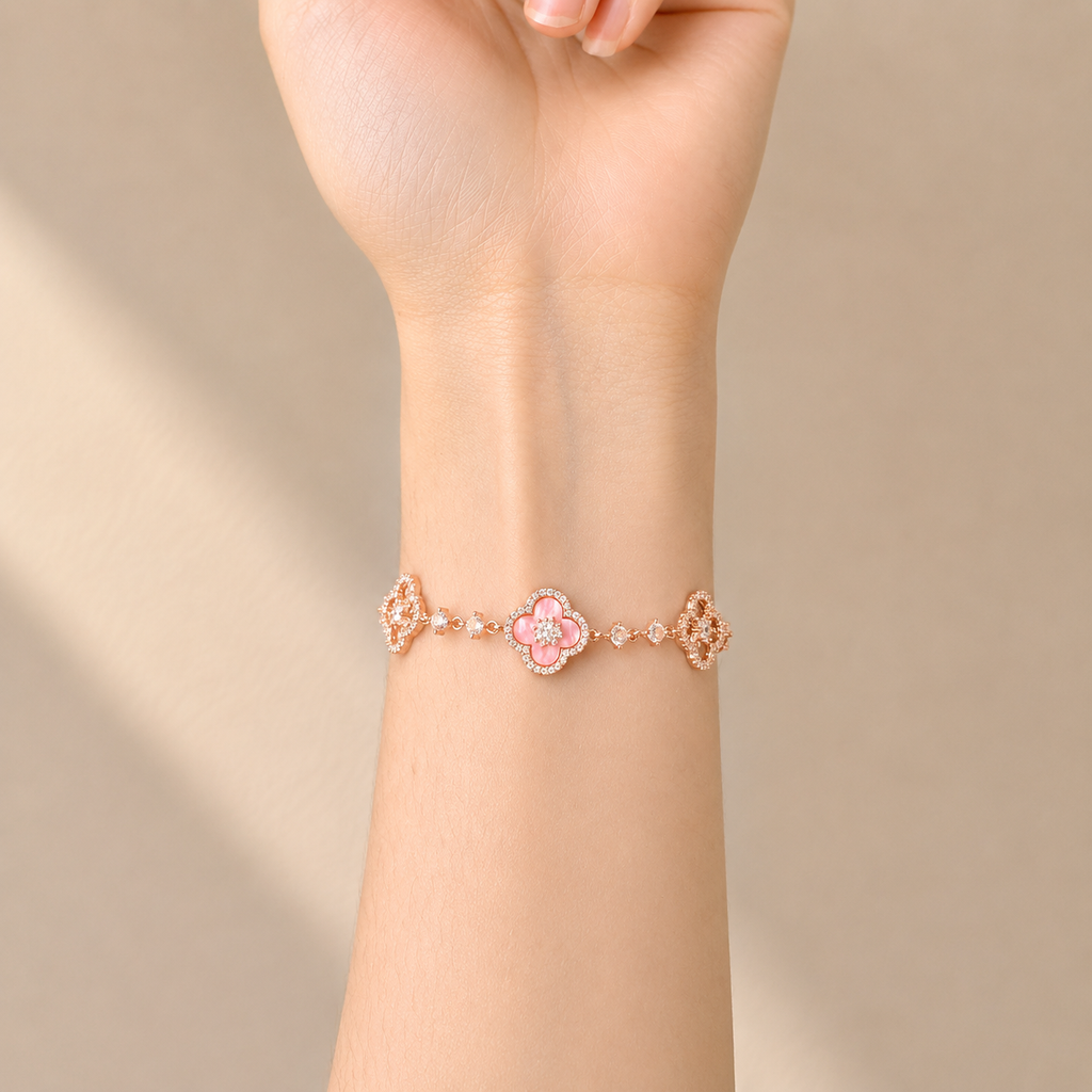 Lucky Four-Leaf Clover Pink Stone Bracelet – S925 Silver