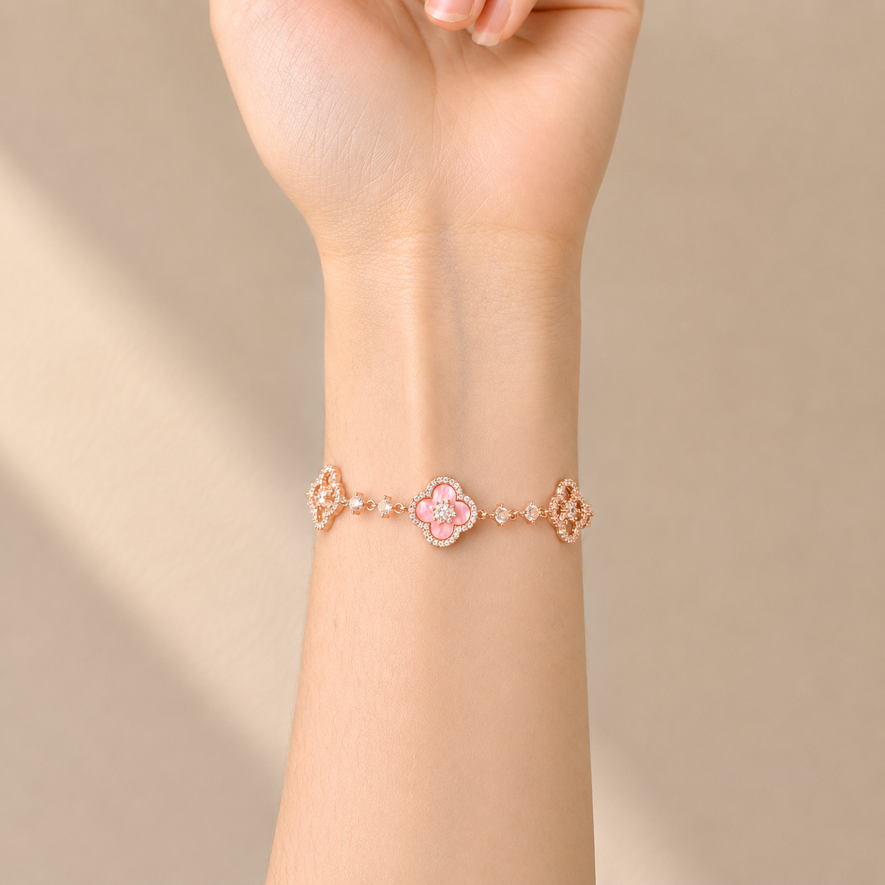 Lucky Four-Leaf Clover Pink Stone Bracelet – S925 Silver