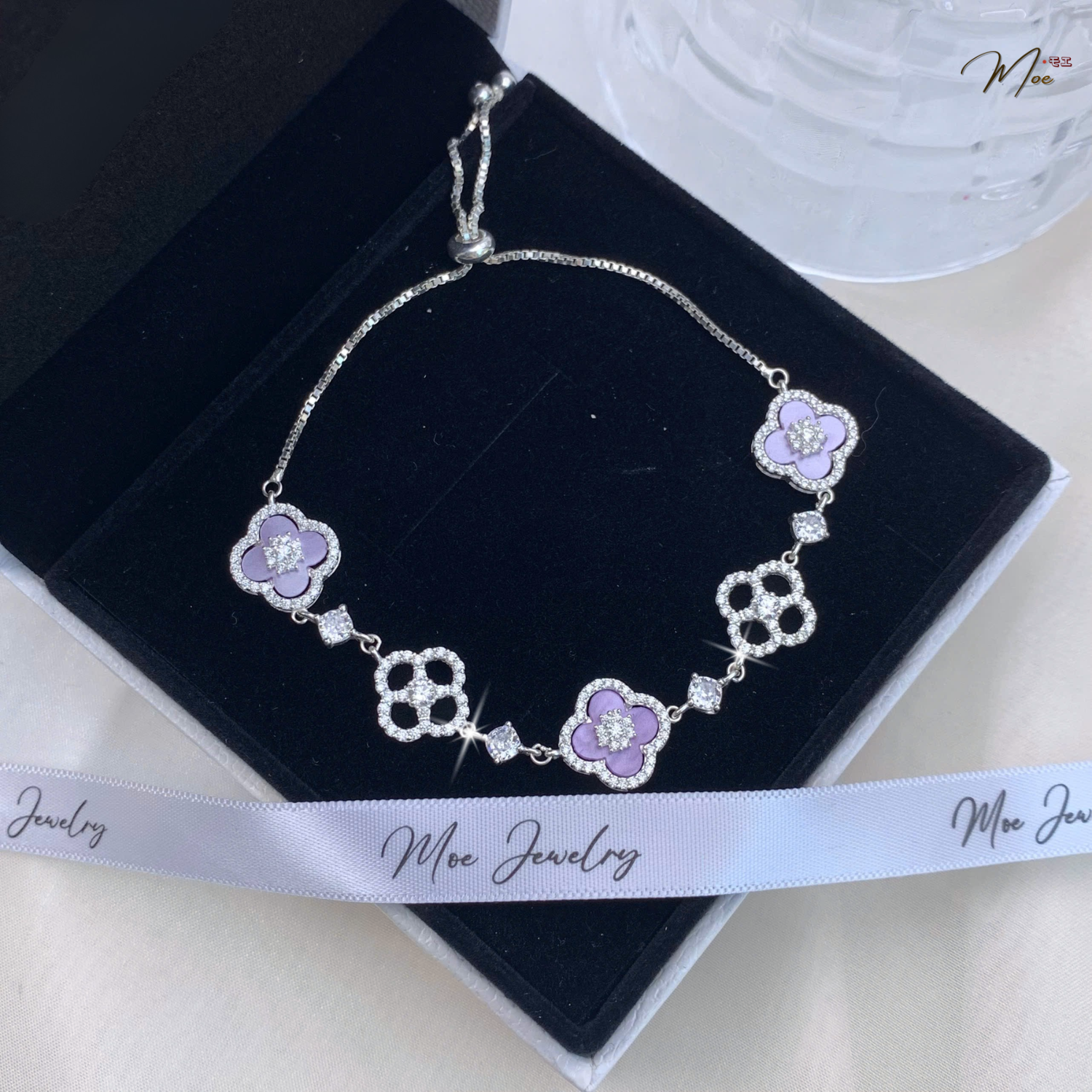 Lucky Four-Leaf Clover Purple Stone Bracelet – S925 Silver