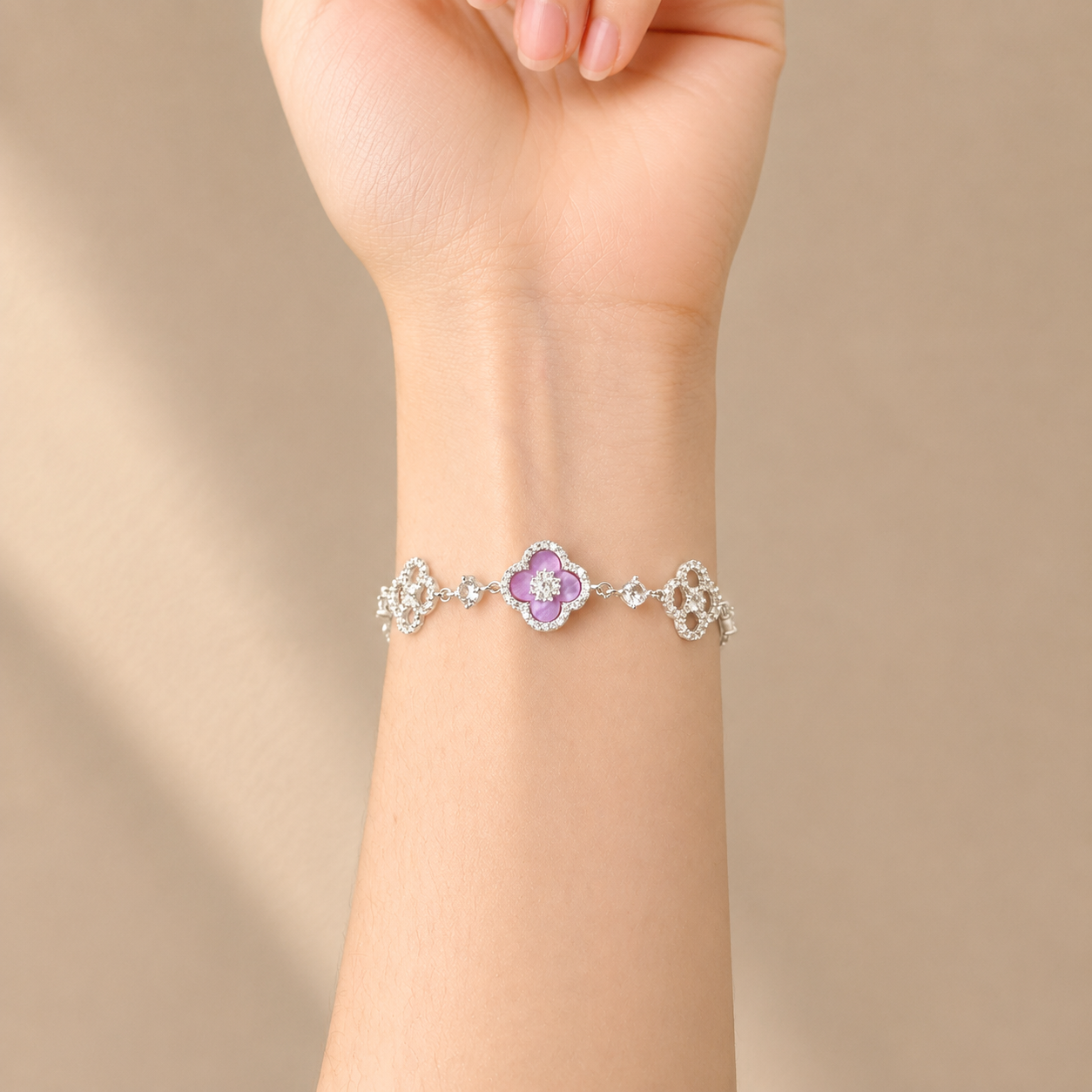 Lucky Four-Leaf Clover Purple Stone Bracelet – S925 Silver
