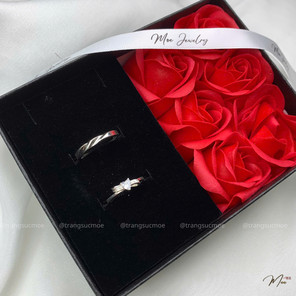 Crystal Heart Bow Couple Ring