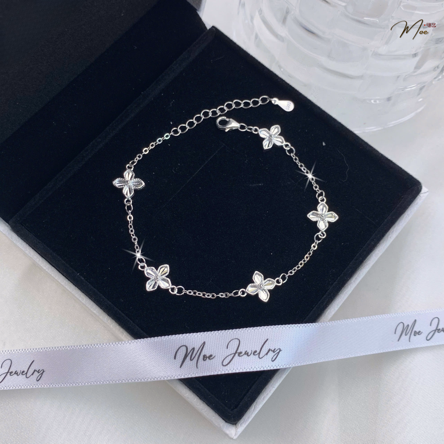 Lucky Four-Leaf Clover Flower Charm Bracelet – S925 Silver