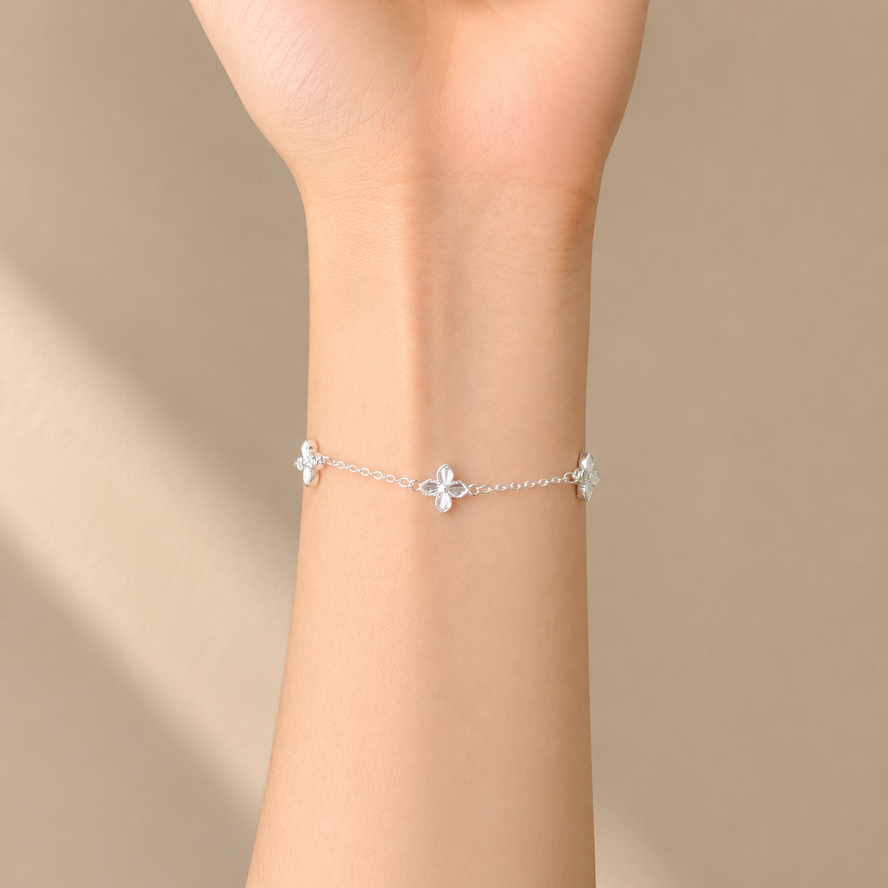 Lucky Four-Leaf Clover Flower Charm Bracelet – S925 Silver