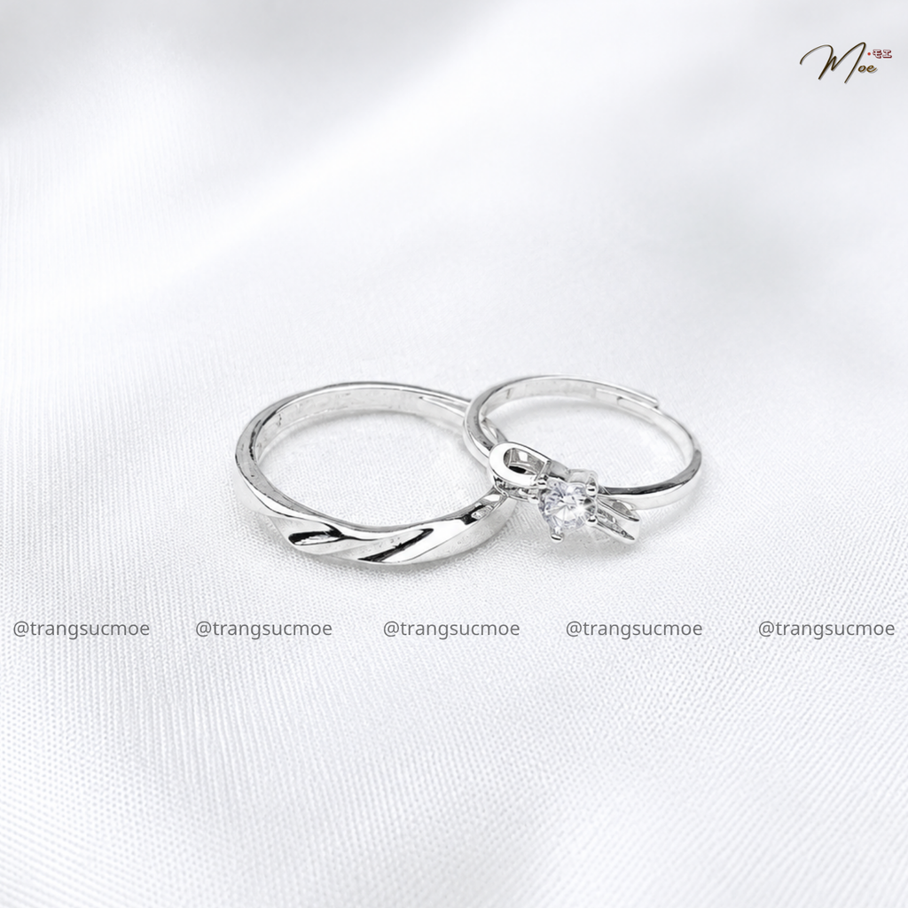 Crystal Heart Bow Couple Ring
