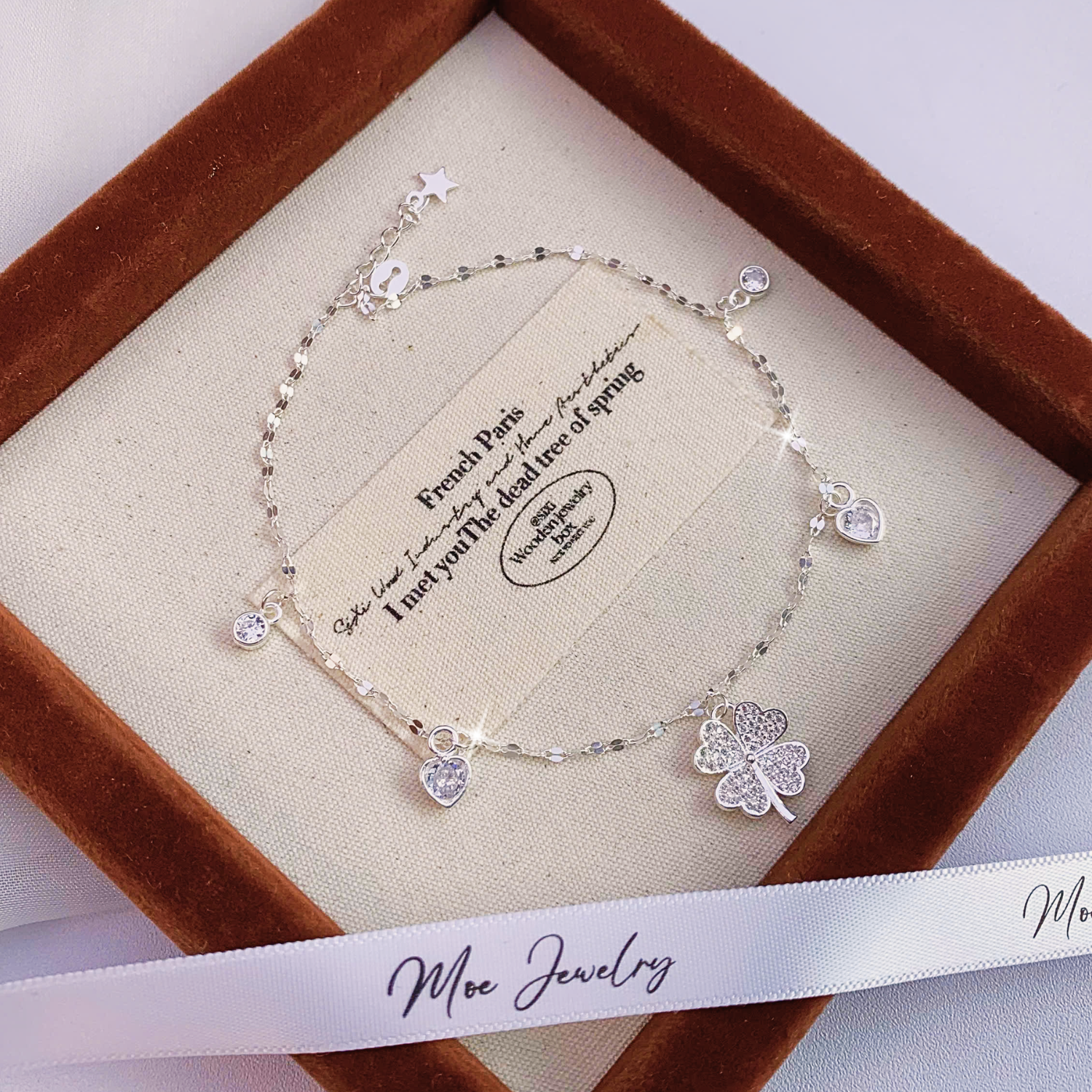 Lucky Four-Leaf Clover Crystal Heart Anklet – S925 Silver