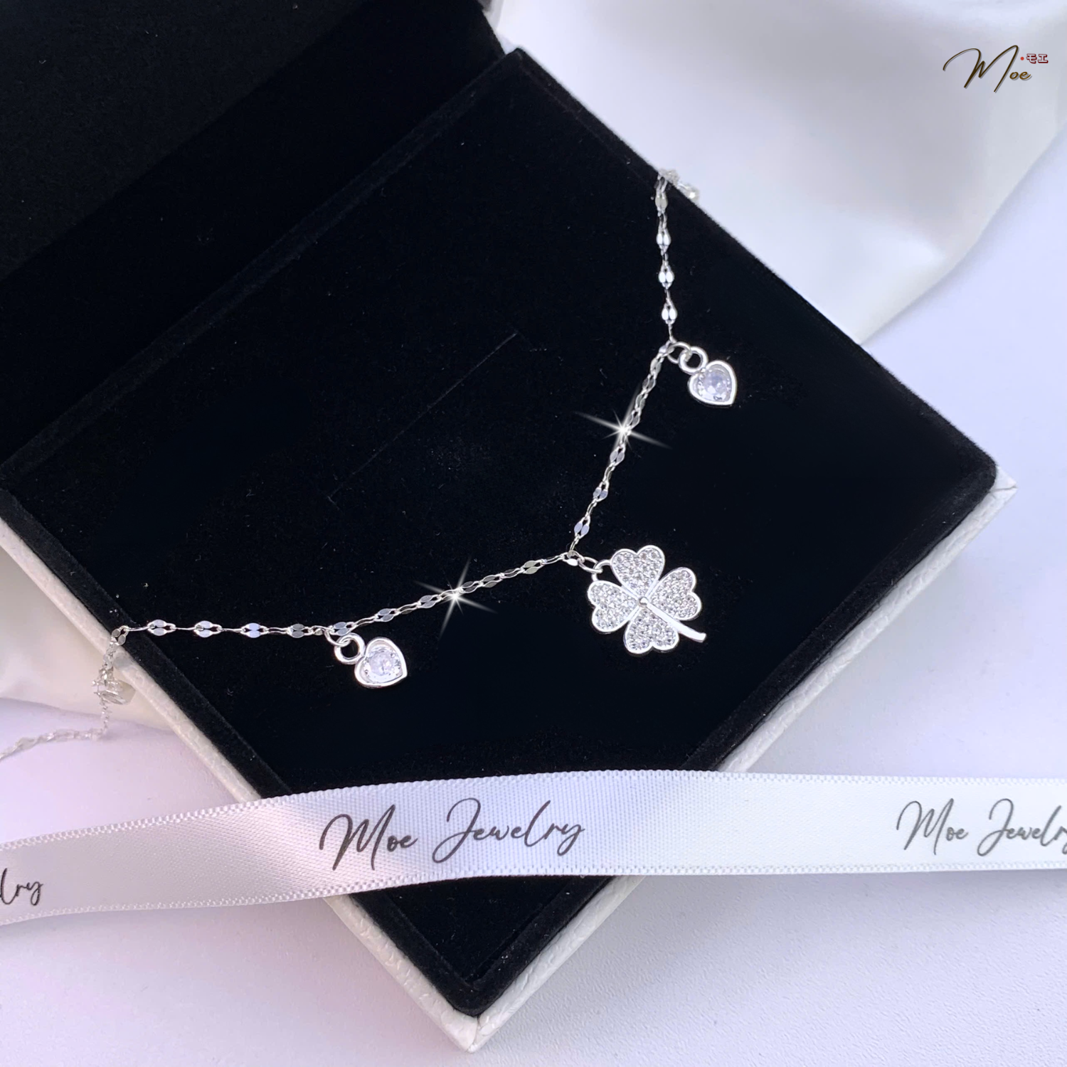Lucky Four-Leaf Clover Crystal Heart Anklet – S925 Silver
