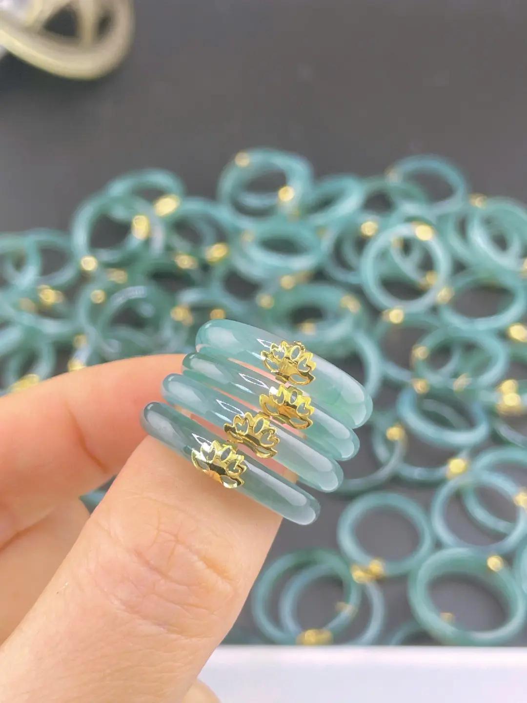 Natural Blue Jade Lotus Ring – 10K Gold