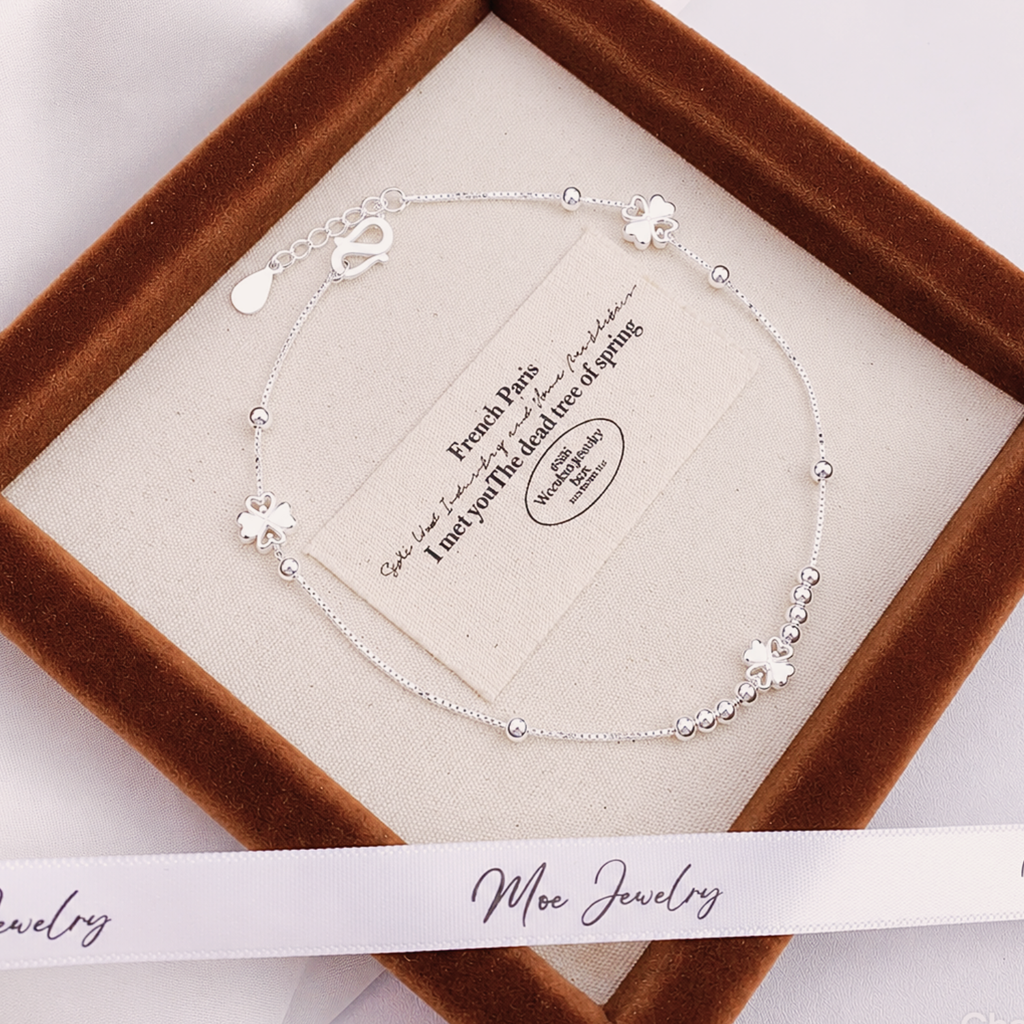 Four-Leaf Clover & Silver Ball Anklet – S925 Silver