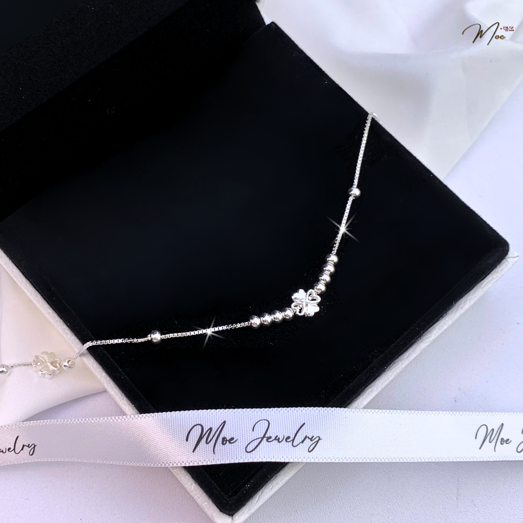 Four-Leaf Clover & Silver Ball Anklet – S925 Silver
