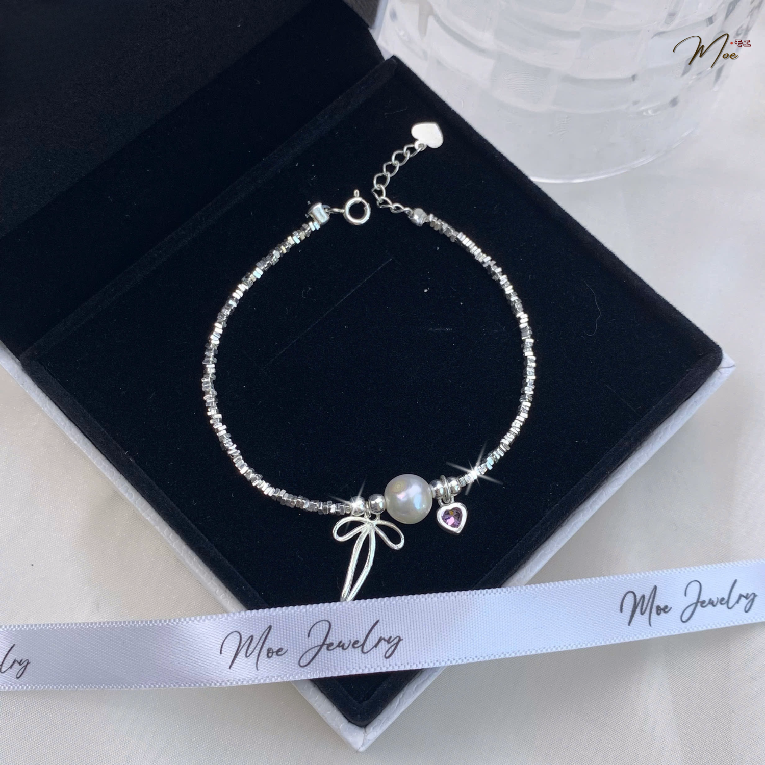 Pink Heart Pearl Bow Bracelet – S925 Silver