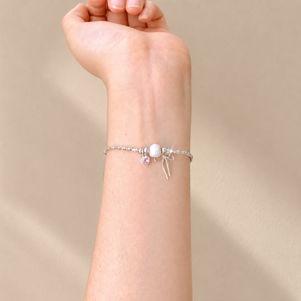 Pink Heart Pearl Bow Bracelet – S925 Silver