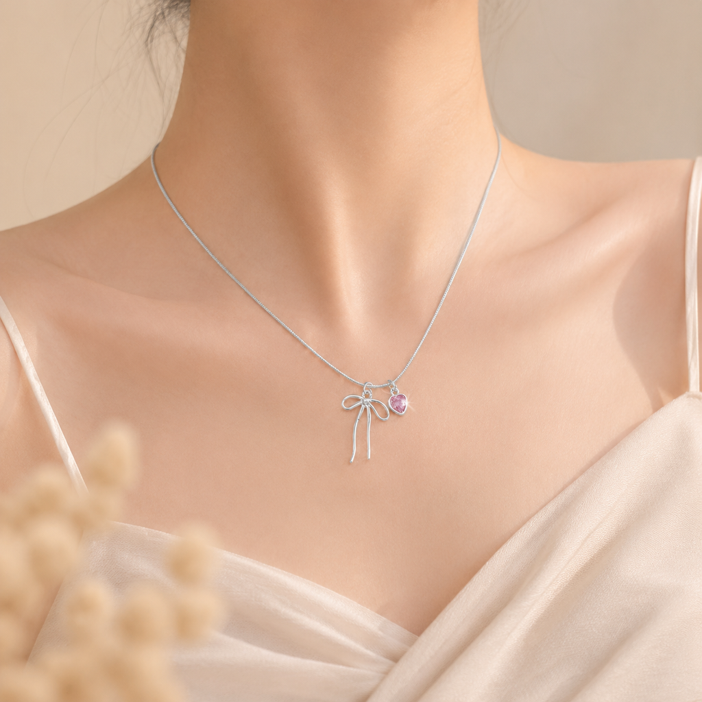 Pink Crystal Bow Heart Necklace – S925 Silver with Pink CZ Crystal