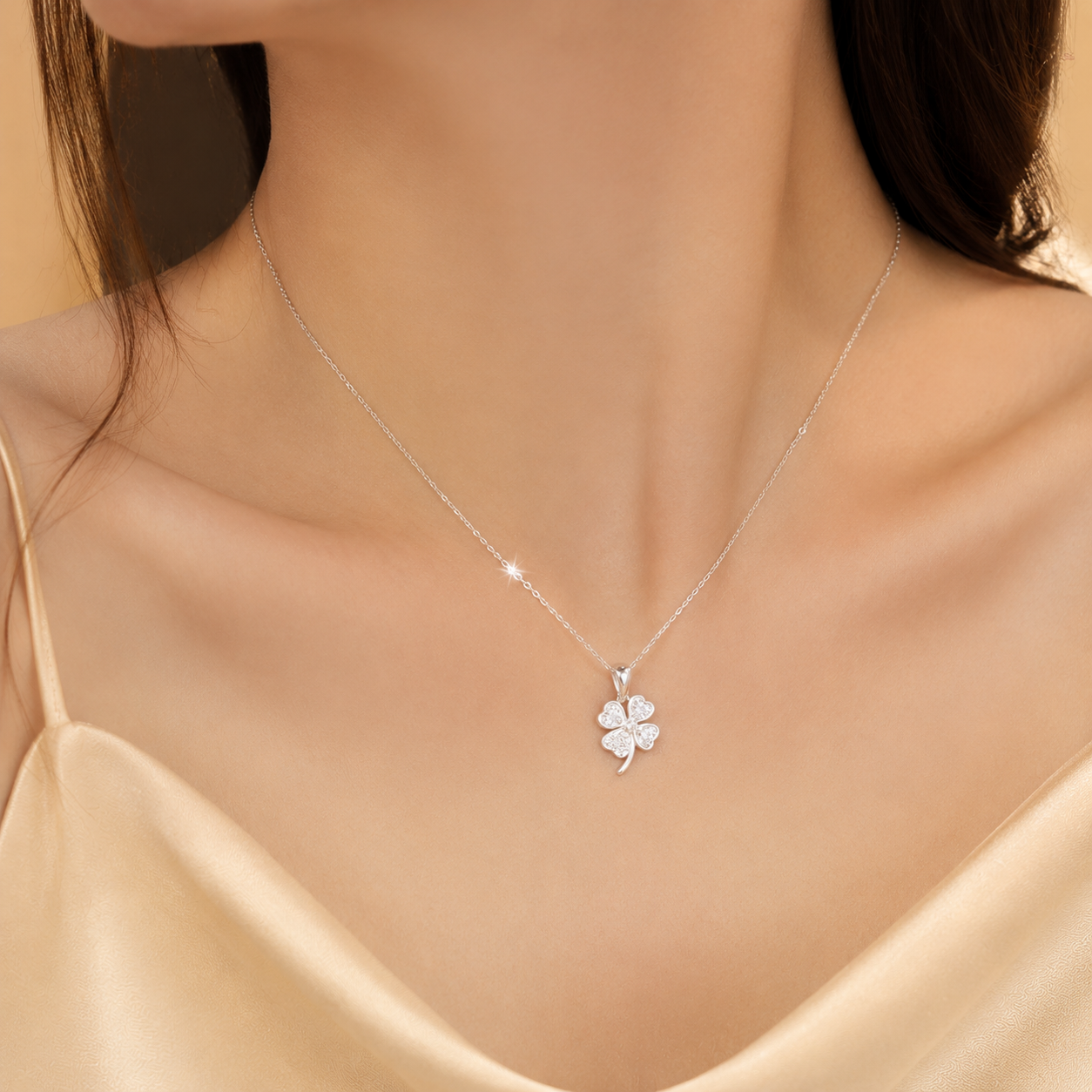 Lucky Four-Leaf Clover Crystal Silver Necklace