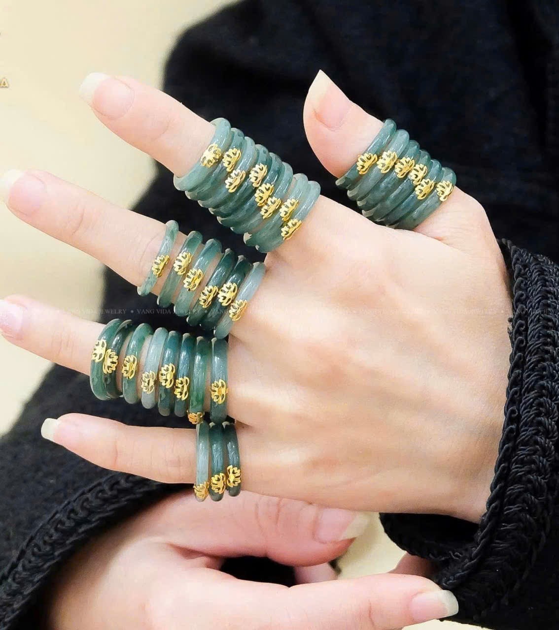 Natural Blue Jade Lotus Ring – 10K Gold