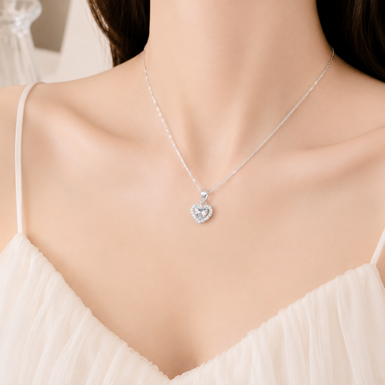 Crystal Heart Silver Necklace – S925 Silver with CZ Crystal