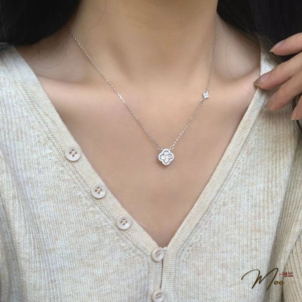 Lucky Four-Leaf Clover Crystal Necklace – S925 Silver with CZ Crystal